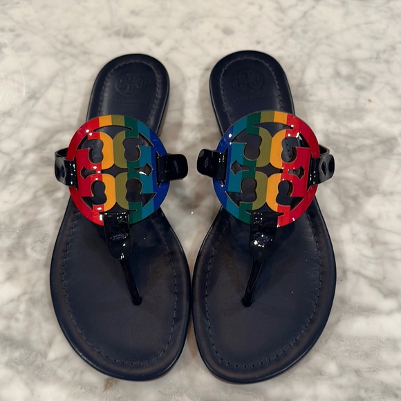 Tory Burch Shoes - Tory Burch, navy patent and rainbow sandals 7.5